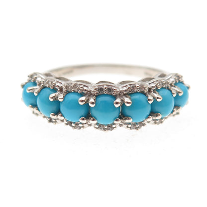 925 Sterling Silver Real Sleeping Beauty Turquoise & White Topaz Ring Size 8