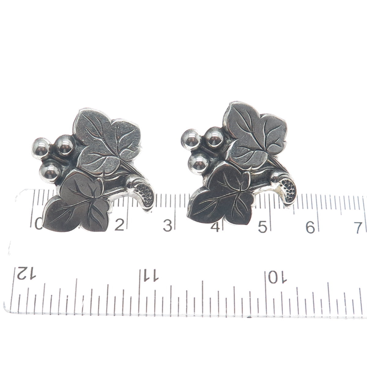 925 Sterling Silver Vintage Grape & Leaf Repopusse Screw Back Earrings