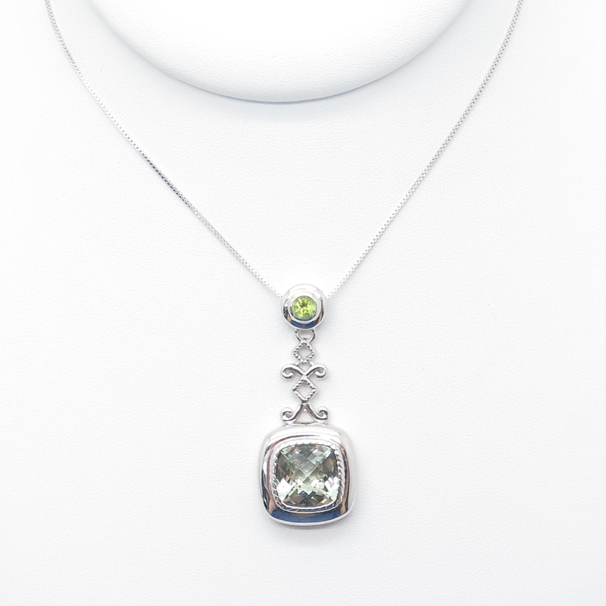 925 Sterling Silver SMK Real Green Amethyst & Peridot Gem Box Chain Necklace 18"