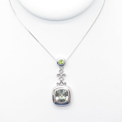 925 Sterling Silver SMK Real Green Amethyst & Peridot Gem Box Chain Necklace 18"