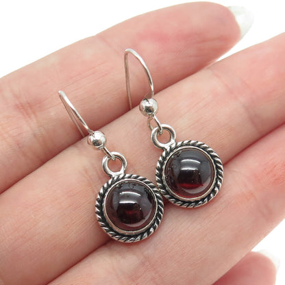 925 Sterling Silver Vintage Real Red Garnet Gemstone Dangle Hook Earrings