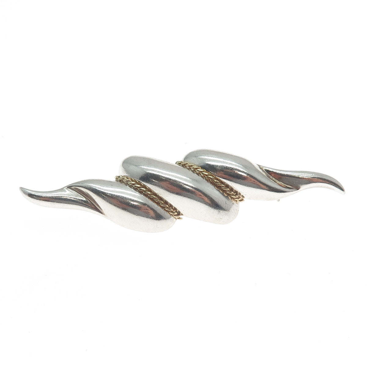 14K Yellow Gold & 925 Sterling Silver Vintage Puffy Twisted Pin Brooch