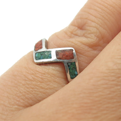 Old Pawn 925 Sterling Silver Southwestern Turquoise Coral Inlay Ring Size 3.5