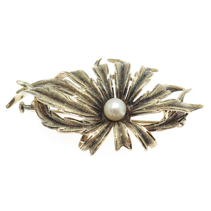 800 Silver Gold Plated Antique Art Deco Real Pearl Floral Pin Brooch