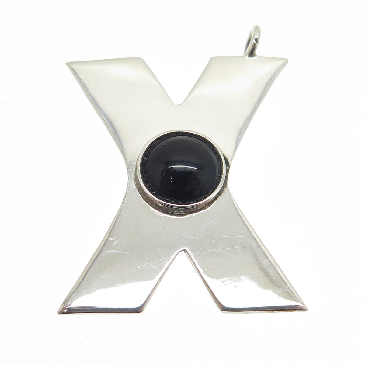 925 Sterling Silver Vintage Mexico Real Black Onyx Letter "X" Modernist Pendant
