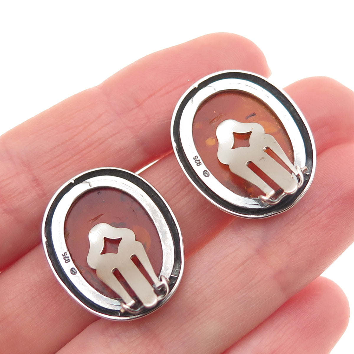925 Sterling Silver Vintage Poland Real Amber Oval Clip On Earrings