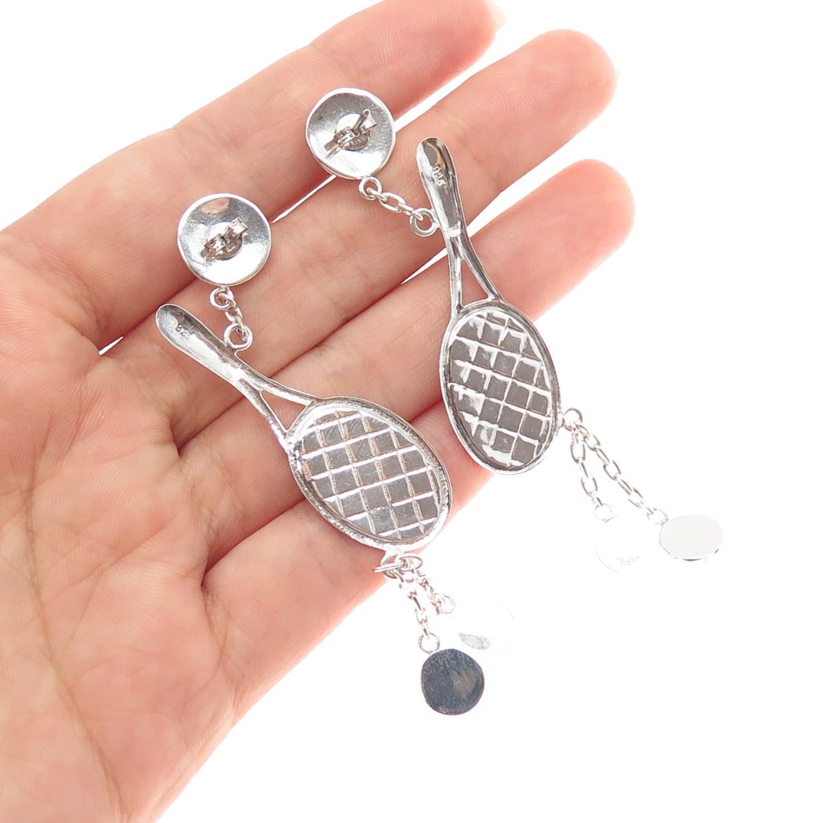 925 Sterling Silver Vintage Tennis Rackets Dangle Earrings