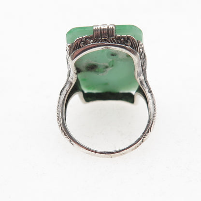 925 Sterling Silver Antique Art Deco Real Carved Jade Floral Ring Size 5