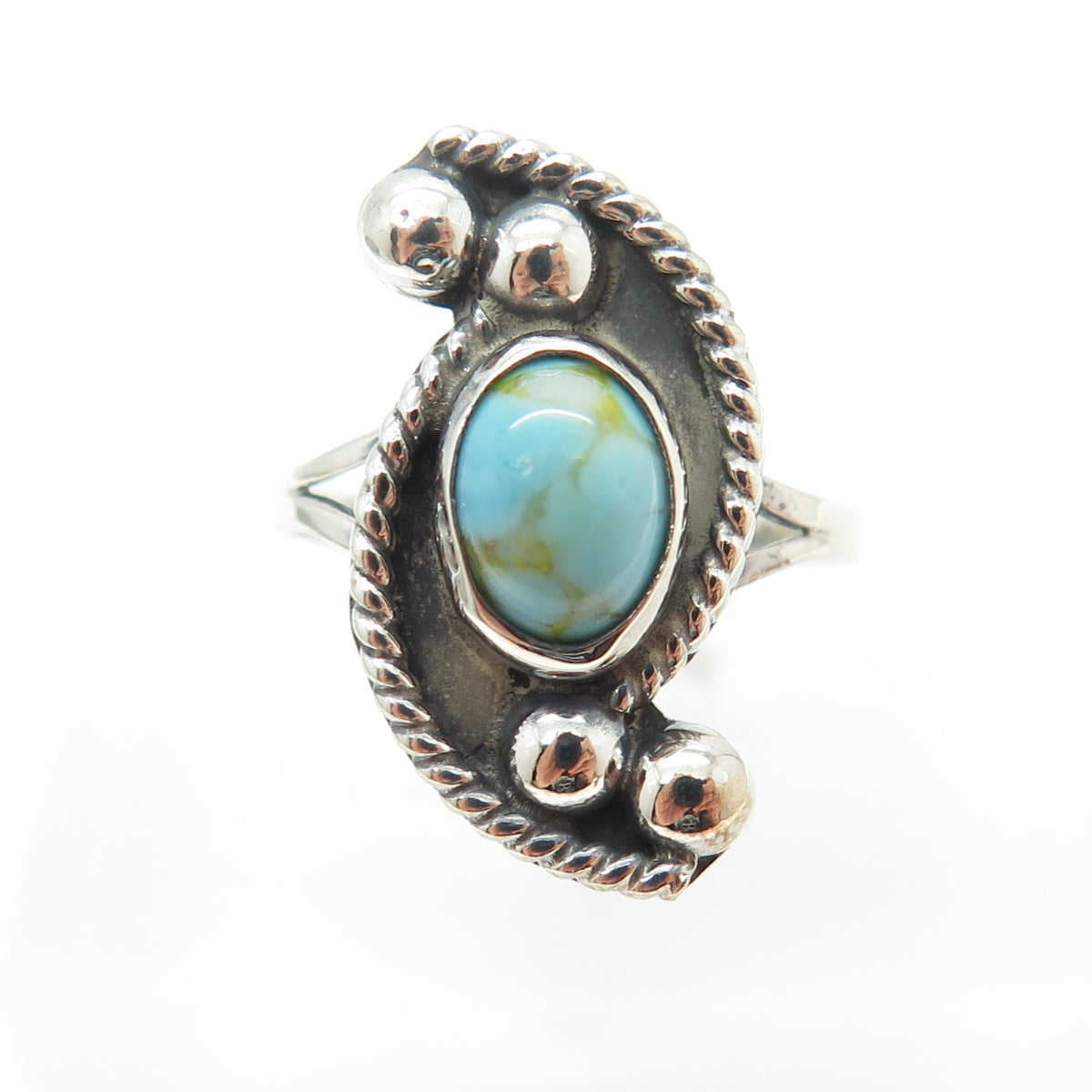 925 Sterling Silver Vintage Mexico Real Turquoise Gemstone Ethnic Ring Size 5.75