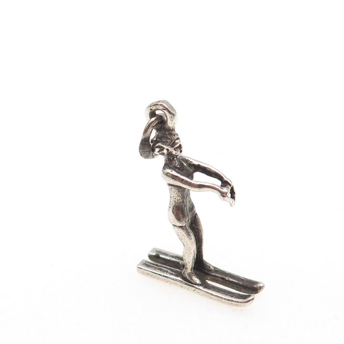 BEAU 925 Sterling Silver Vintage Female Water Skier Oxidized 3D Charm Pendant