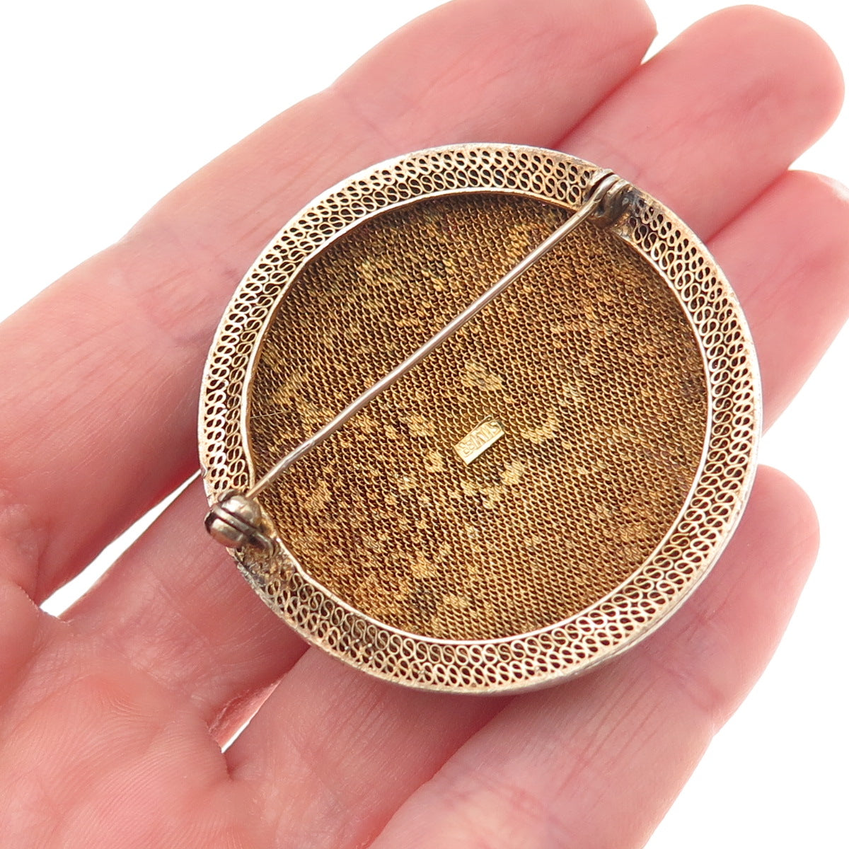 925 Sterling Silver Gold Plated Antique China Enamel Real Coral Floral Brooch