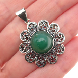 800 Silver Vintage Real Green Onyx Floral Filigree Oxidized Charm Pendant