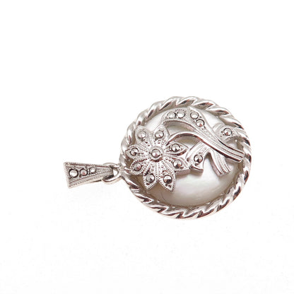 925 Sterling Silver Antique Art Deco Real MOP & Marcasite Floral Charm Pendant