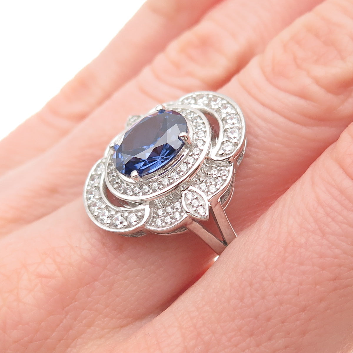 925 Sterling Silver Oval-Cut Blue & Round-Cut White C Z Ring Size 8