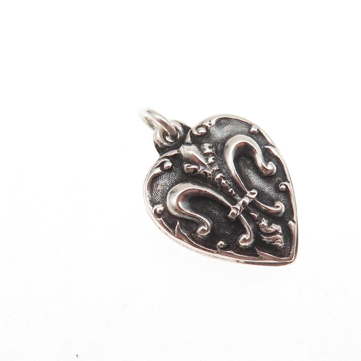 925 Sterling Silver Antique Art Deco Fleur de Lis Chatelaine Heart Charm Pendant