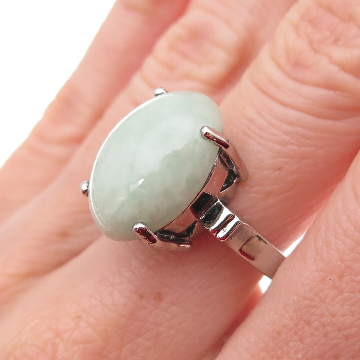 Gold Stone 925 Sterling Silver Vintage Real Cabochon Jade Ring Size 8