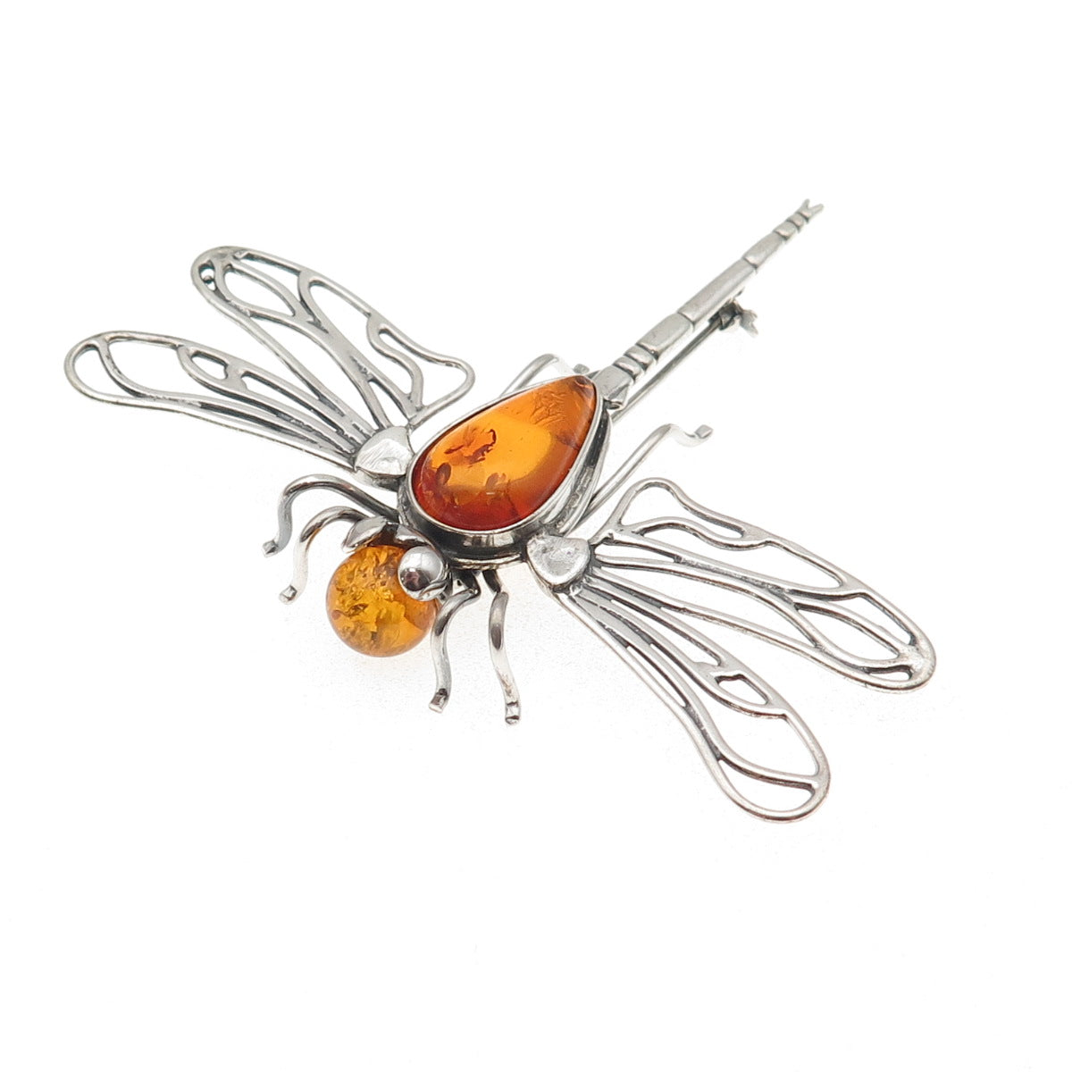 925 Sterling Silver Vintage Real Amber Dragonfly Oxidized Pin Brooch