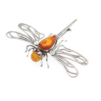 925 Sterling Silver Vintage Real Amber Dragonfly Oxidized Pin Brooch