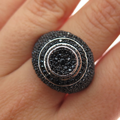 925 Sterling Silver Real Round-Cut Black Spinel Modernist Ring Size 8