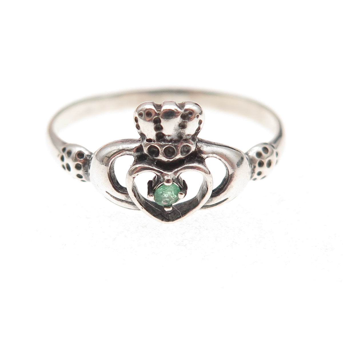 Shube Sterling Silver Vintage Real Emerald Irish Claddagh Oxidized Ring Size 10
