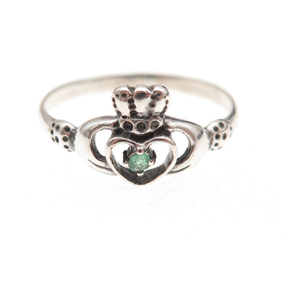 Shube Sterling Silver Vintage Real Emerald Irish Claddagh Oxidized Ring Size 10