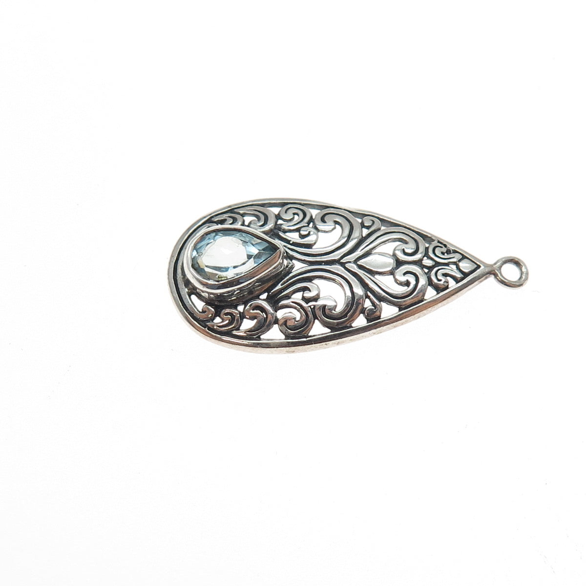 925 Sterling Silver Vintage Real Blue Topaz Ornate Teardrop Oxidized Pendant