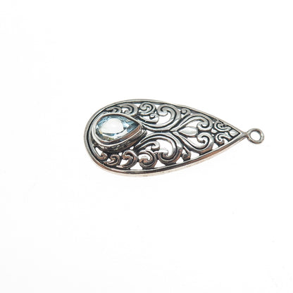 925 Sterling Silver Vintage Real Blue Topaz Ornate Teardrop Oxidized Pendant