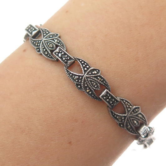 925 Sterling Silver Vintage Real Marcasite Floral Oxidized Link Bracelet 6.5"