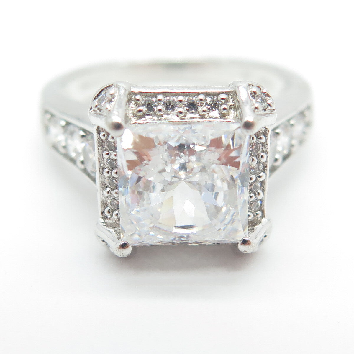 925 Sterling Silver Princess & Round-Cut C Z Engagement Ring Size 8