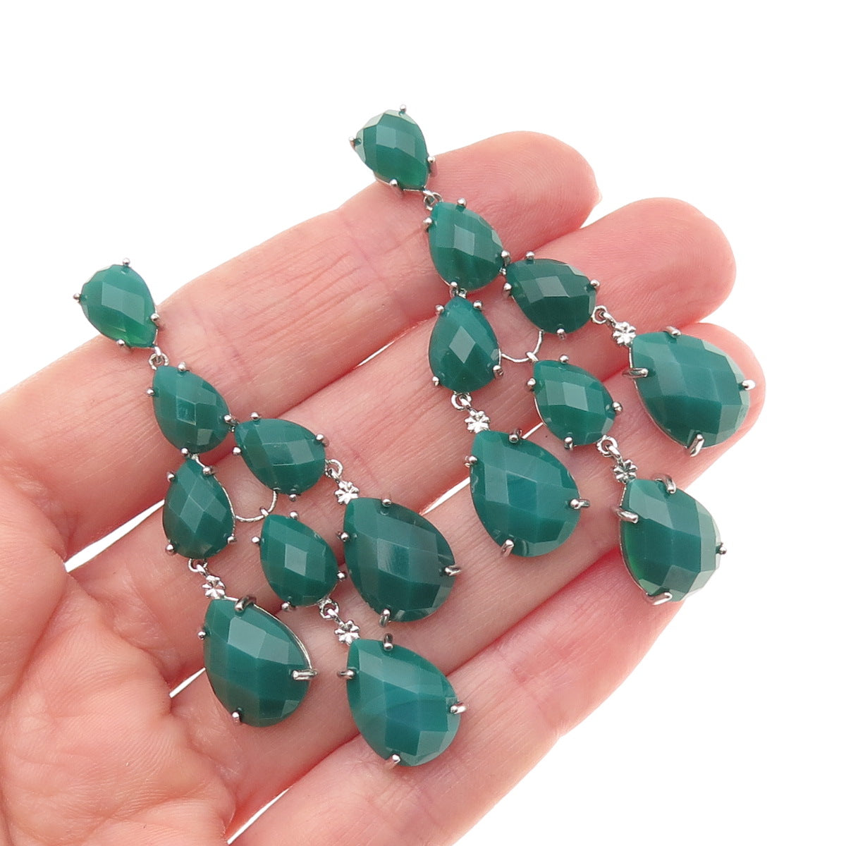 925 Sterling Silver Real Pear-Cut Green Onyx Chandelier Dangle Earrings