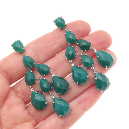 925 Sterling Silver Real Pear-Cut Green Onyx Chandelier Dangle Earrings
