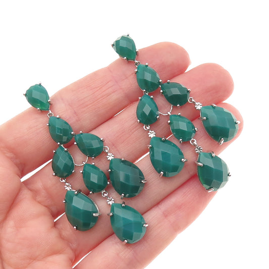 925 Sterling Silver Real Pear-Cut Green Onyx Chandelier Dangle Earrings