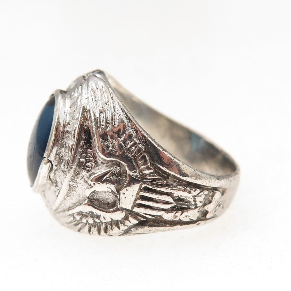 925 Sterling Silver Antique WWII Blue Glass US Navy Ring Size 8.75