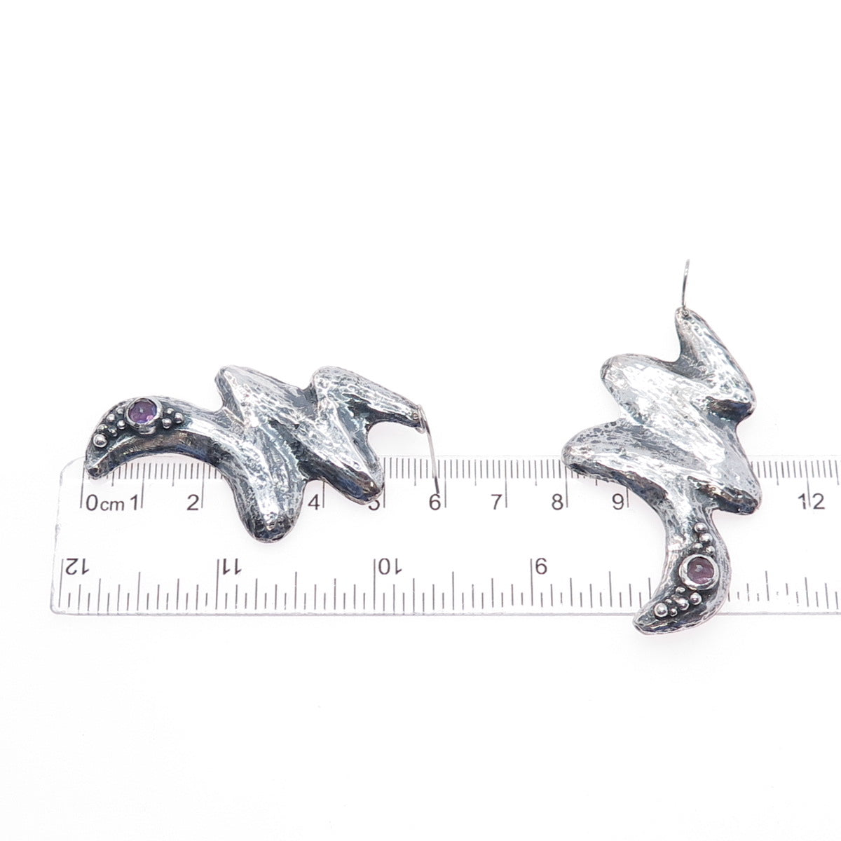 925 Sterling Silver Vintage Amethyst Modernist Zig Zag Oxidized Dangle Earrings