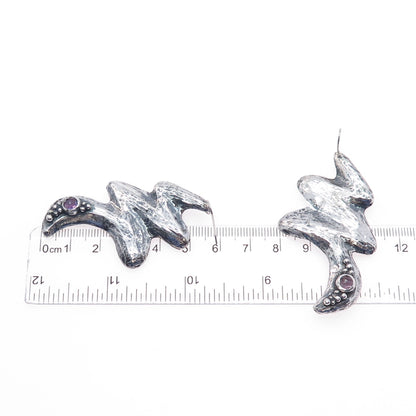 925 Sterling Silver Vintage Amethyst Modernist Zig Zag Oxidized Dangle Earrings