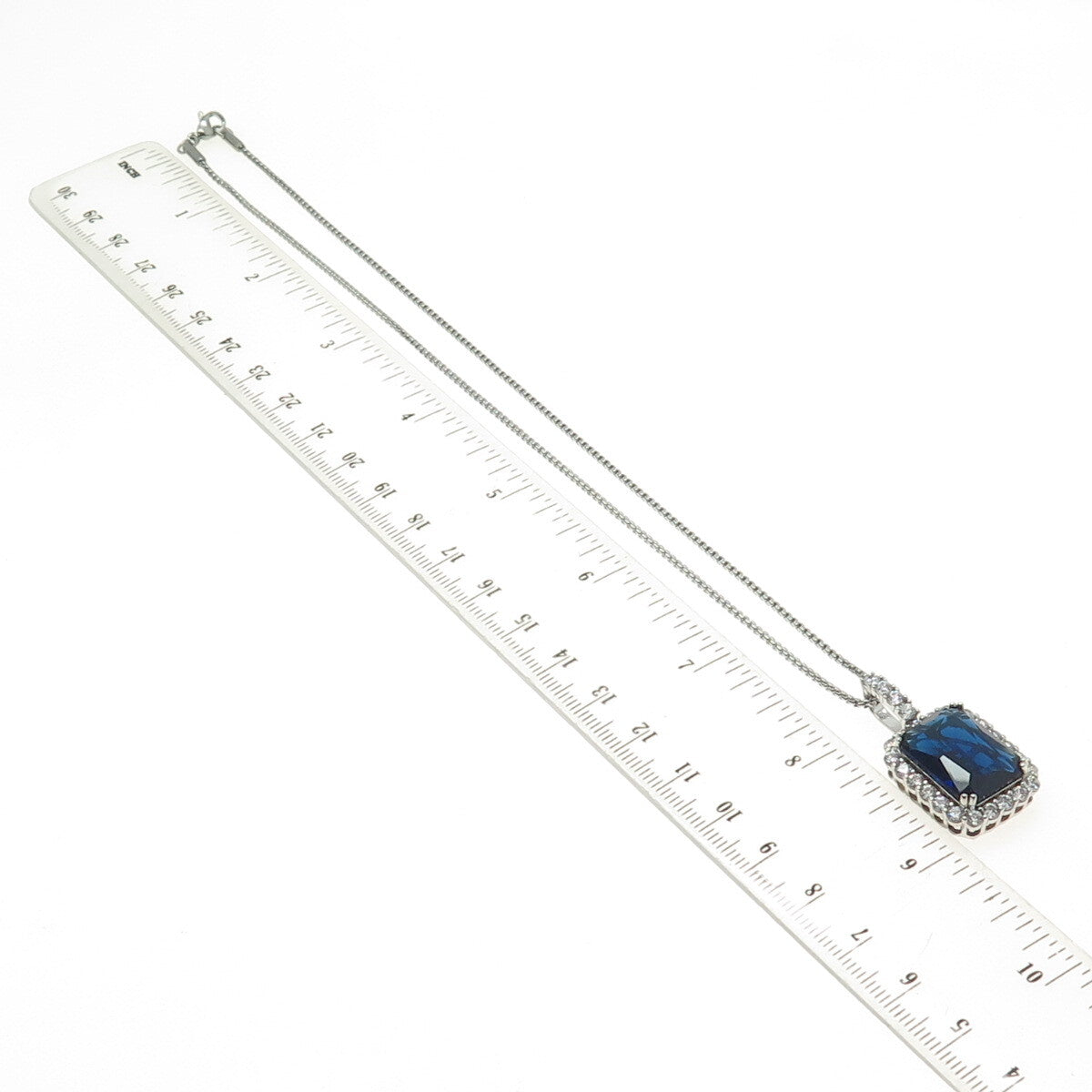 925 Sterling Silver Blue Glass & White C Z Round Box Chain Necklace 16"