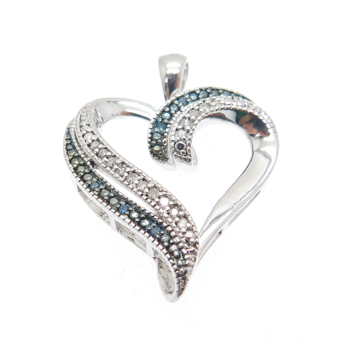 SUN 925 Sterling Silver Real Round-Cut White & Blue Diamond Heart Pendant