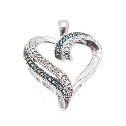 SUN 925 Sterling Silver Real Round-Cut White & Blue Diamond Heart Pendant