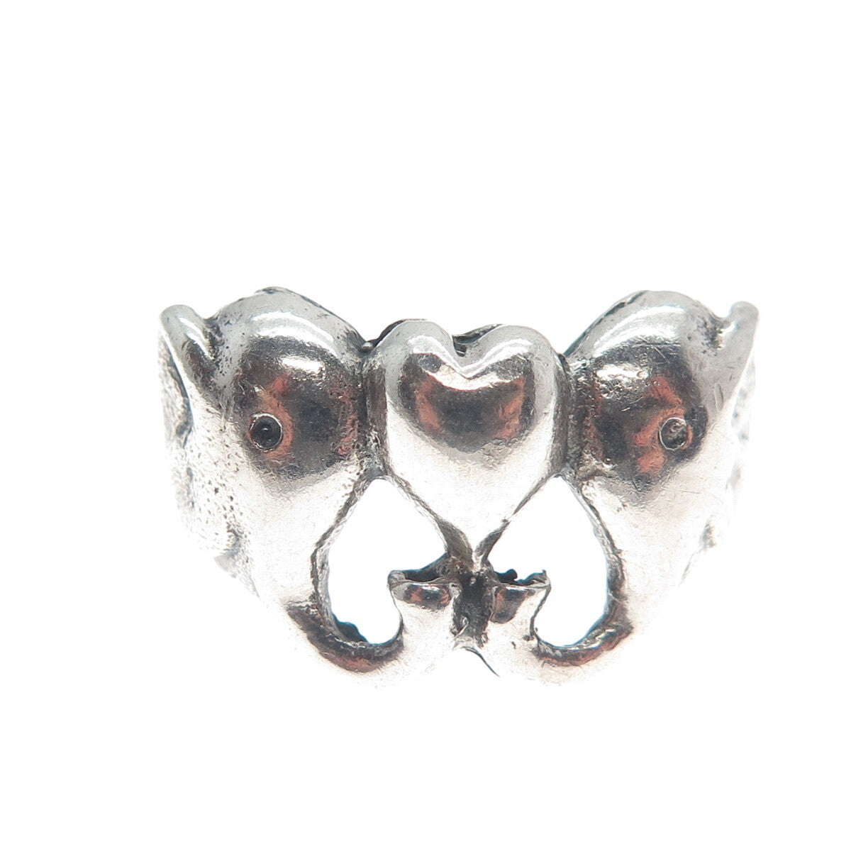 925 Sterling Silver Vintage Dolphin Couple & Heart Oxidized Ring Size 6