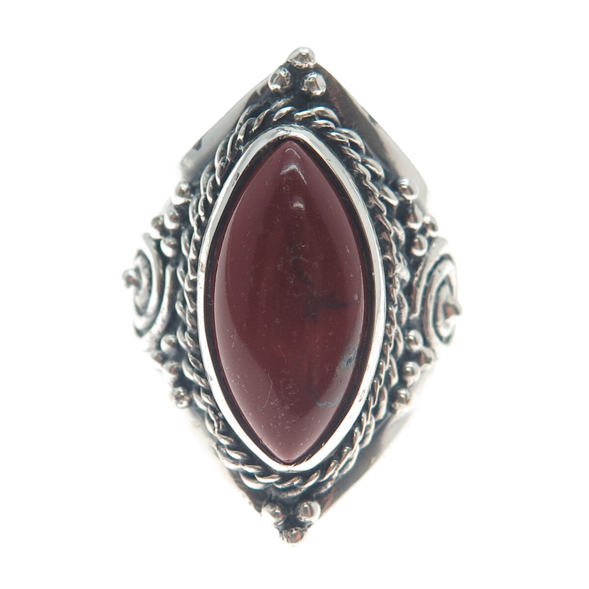 925 Sterling Silver Vintage Real Red Jasper Spiral Beaded Oxidized Ring Size 10