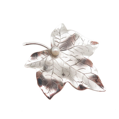 Harry S Bick 925 Sterling Silver Vintage Real Pearl Maple Leaf Pin Brooch