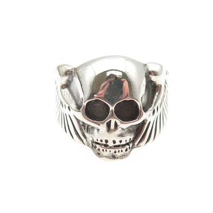925 Sterling Silver Vintage Skull & Wings Oxidized Biker Ring Size 8.75