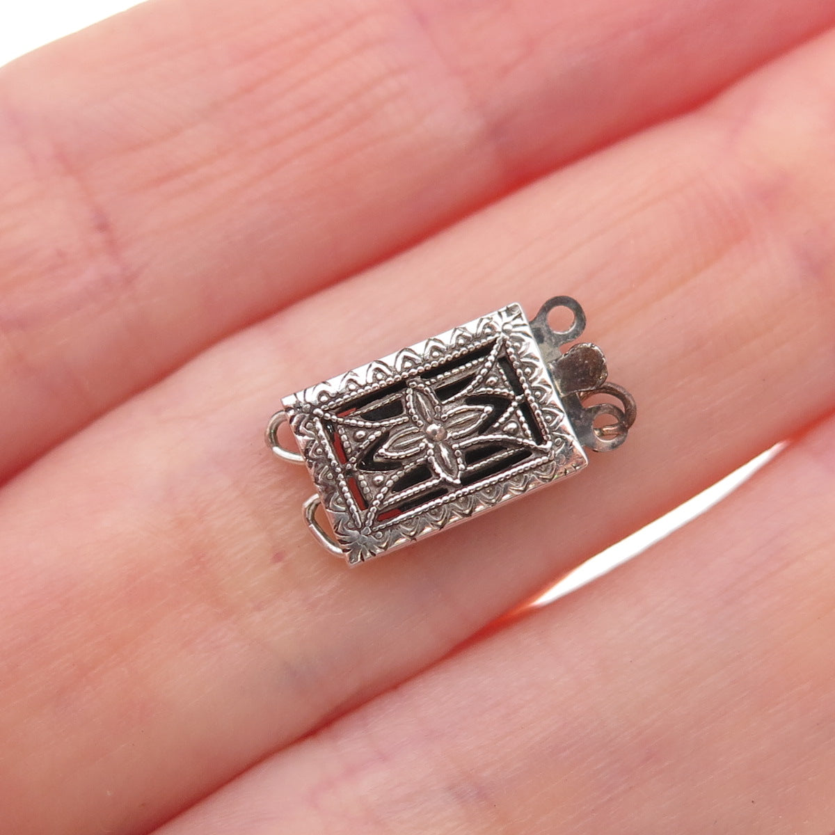 925 Sterling Silver Antique Art Deco Bracelet / Necklace Floral Box Lock Clasp
