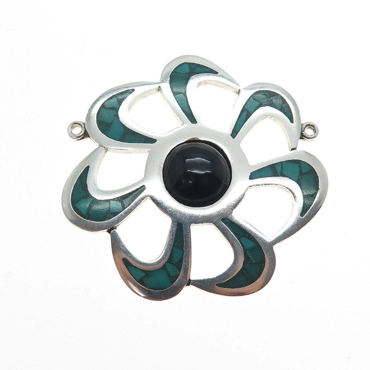 925 Sterling Vintage Mexico Real Onyx Turquoise Inlay Flower Centerpiece Pendant