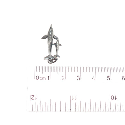 SUNWEST 925 Sterling Silver Vintage Dolphin Mom & Child Oxidized Charm Pendant