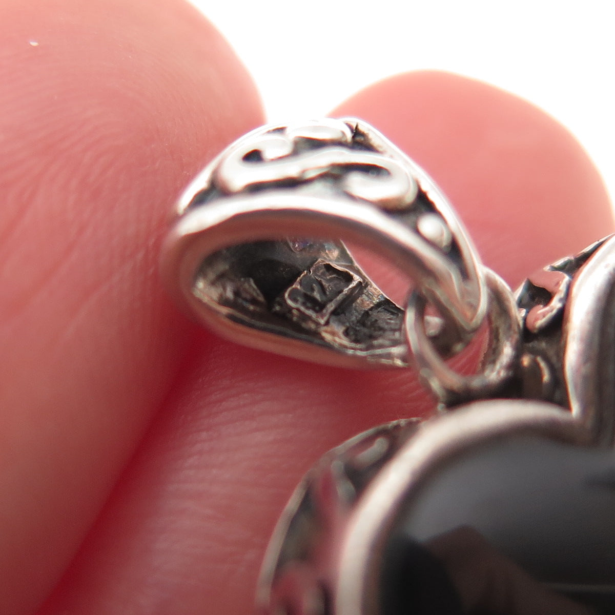 925 Sterling Silver Vintage Real Black Onyx & MOP Heart Charm Pendant