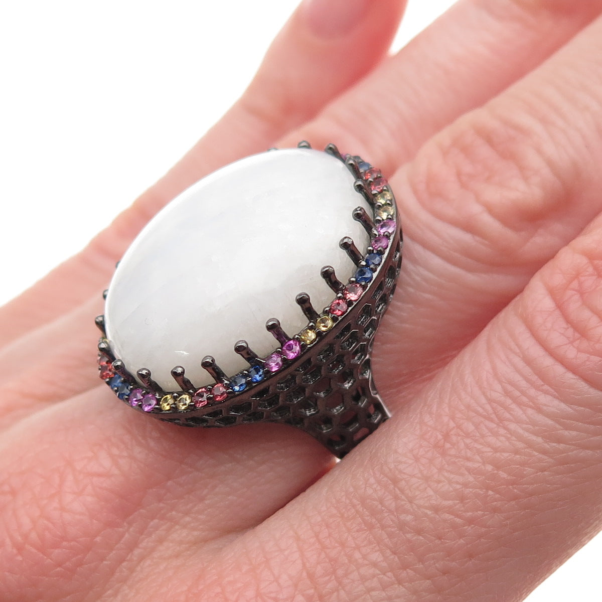DSMK Sterling Black Rhodium Real Moonstone & Multi-Color Sapphire Ring Size 7.25