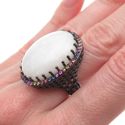 DSMK Sterling Black Rhodium Real Moonstone & Multi-Color Sapphire Ring Size 7.25