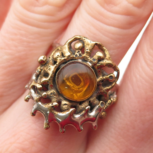 925 Sterling Silver 2-Tone Vintage Mexico Real Amber Modernist Ring Size 8.25