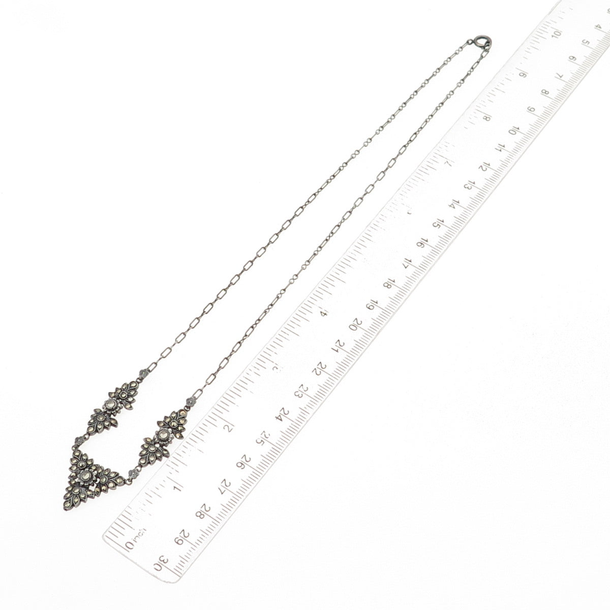 925 Sterling Antique Art Deco Real Marcasite Floral Necklace 18" (missing stone)
